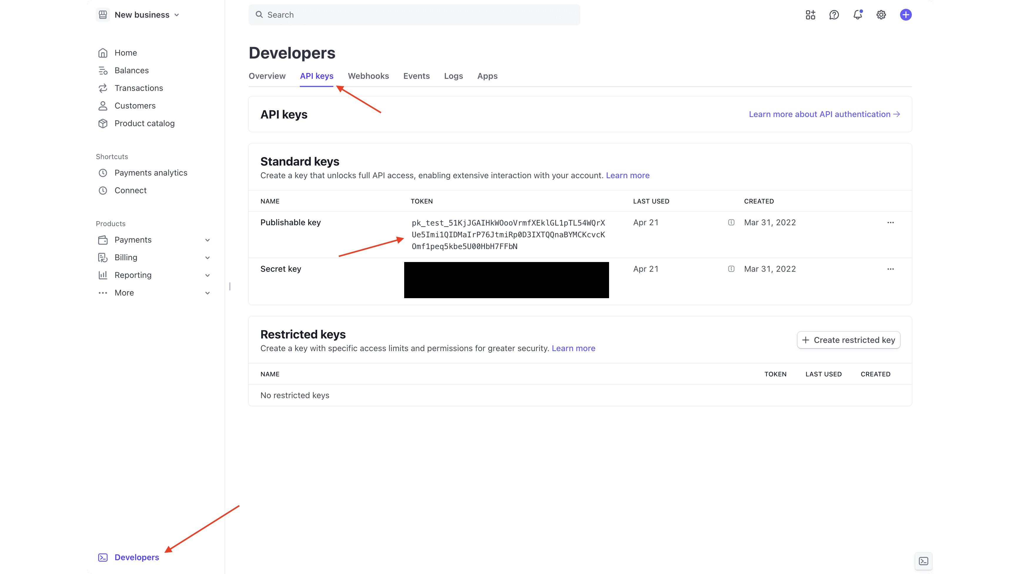Secret API Key in the Stripe dashboard