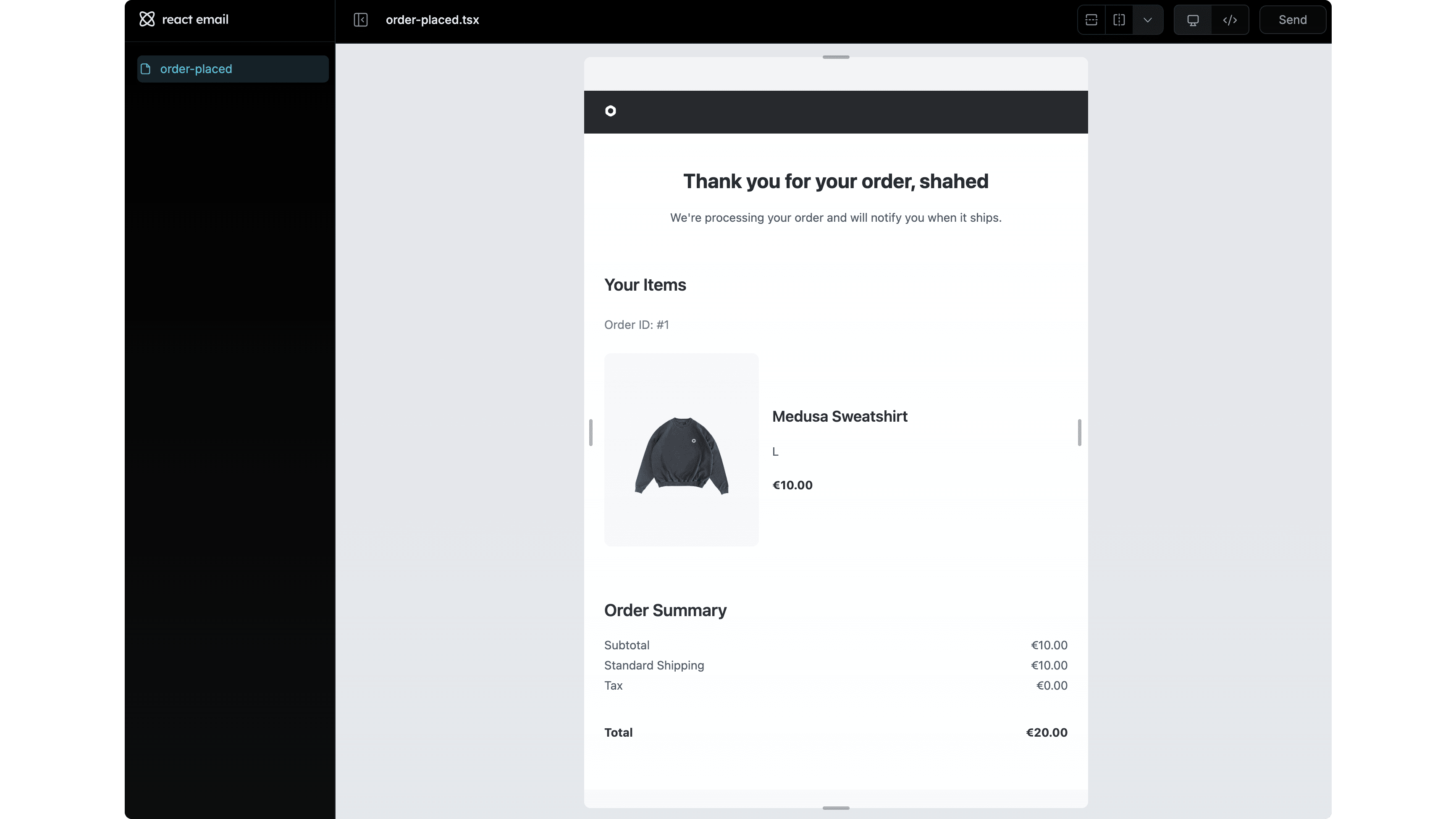 The email template rendered in the browser