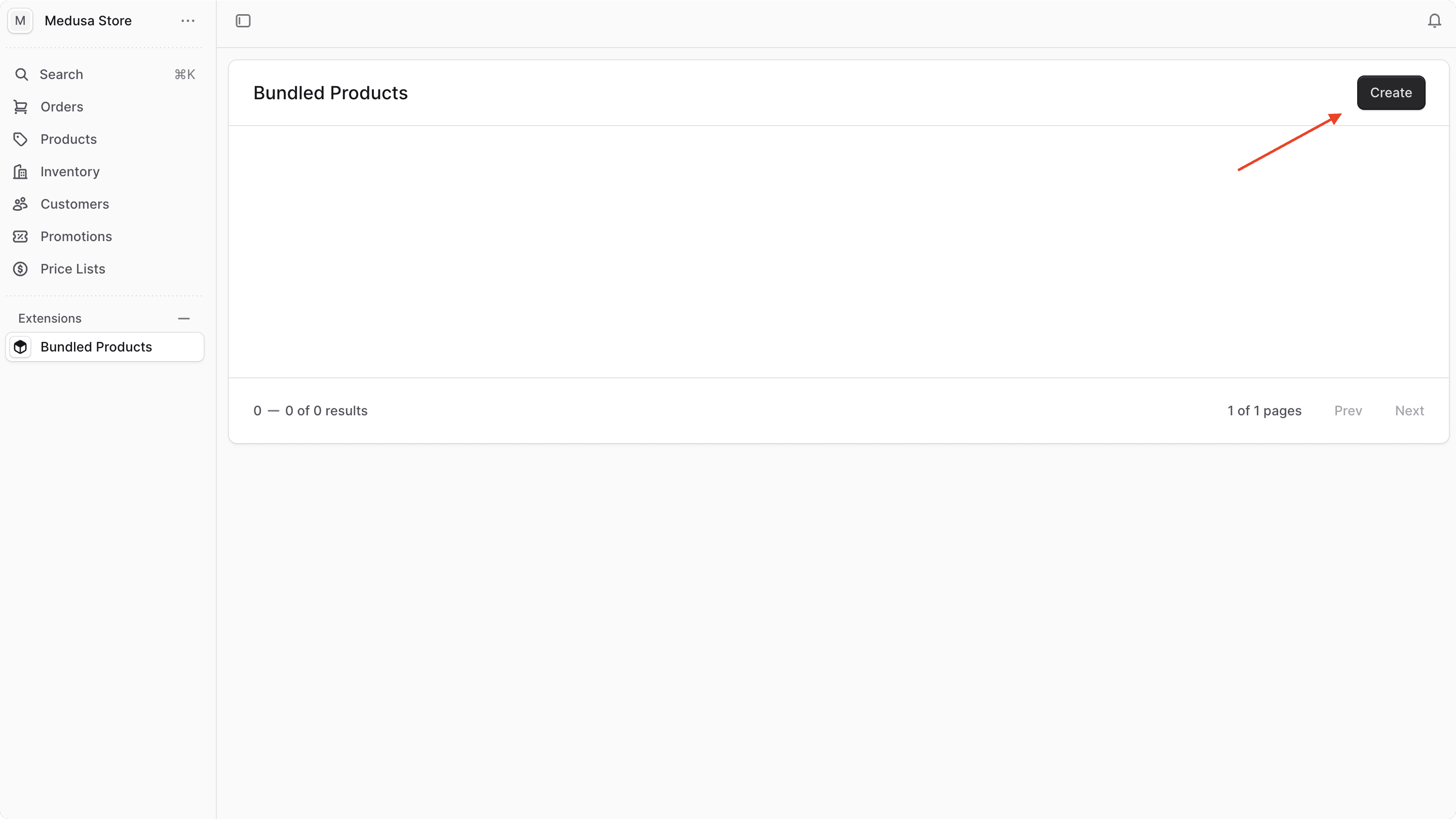 Create button shown at the top right of the Bundled Products page
