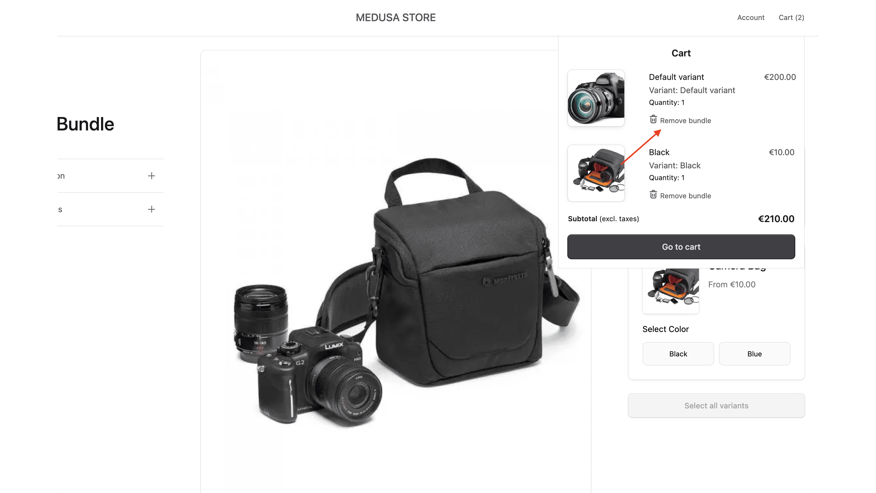 Cart with the Remove bundle button showing for bundle items