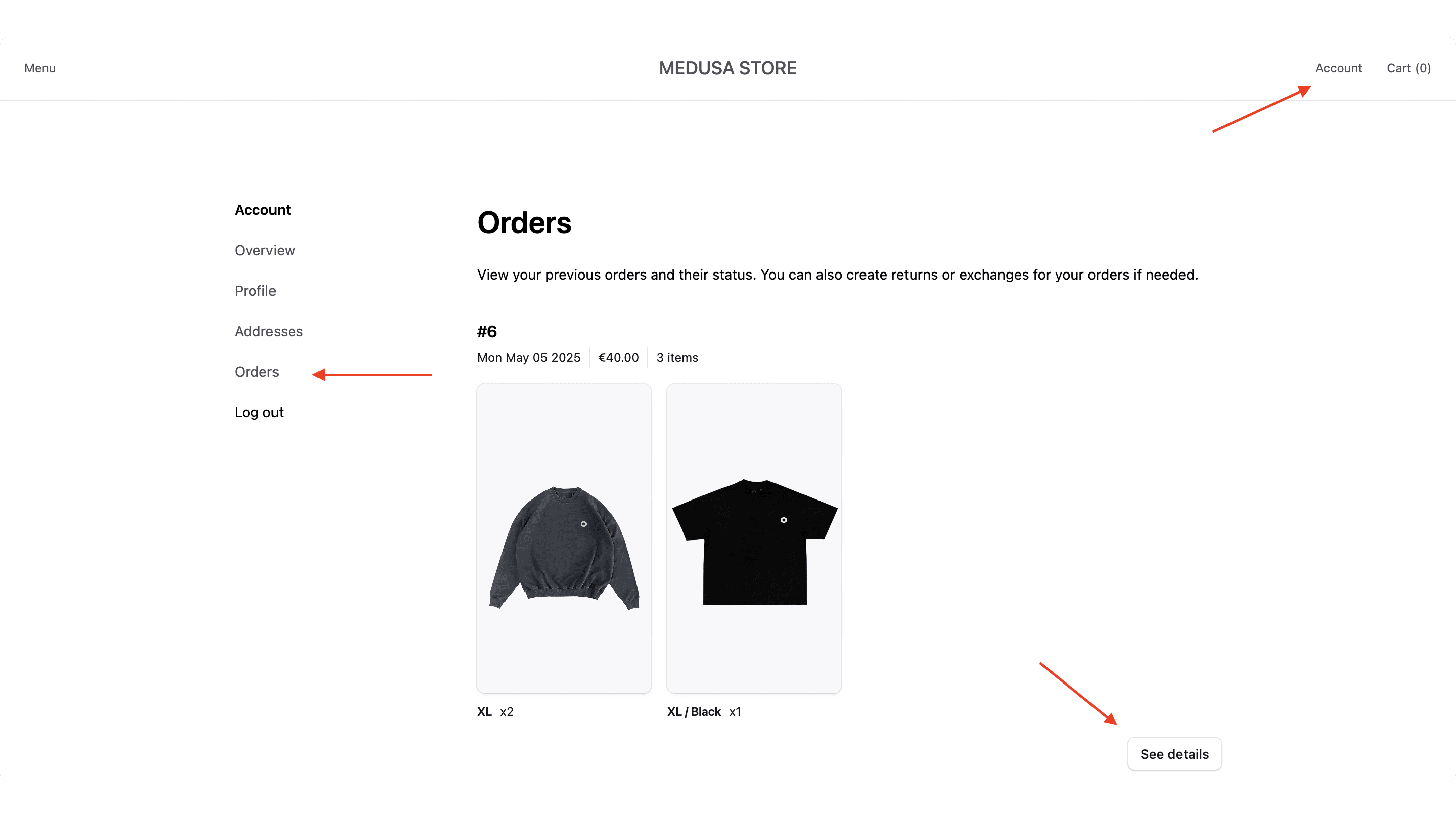 Orders page on customer account
