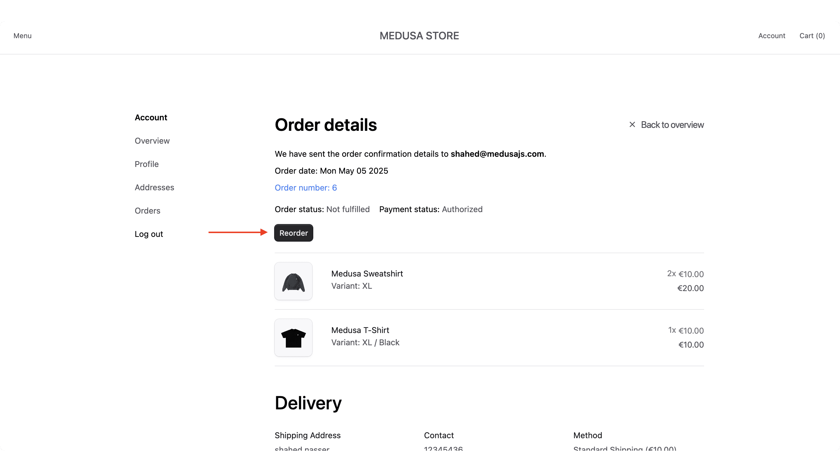 Reorder button on order details page