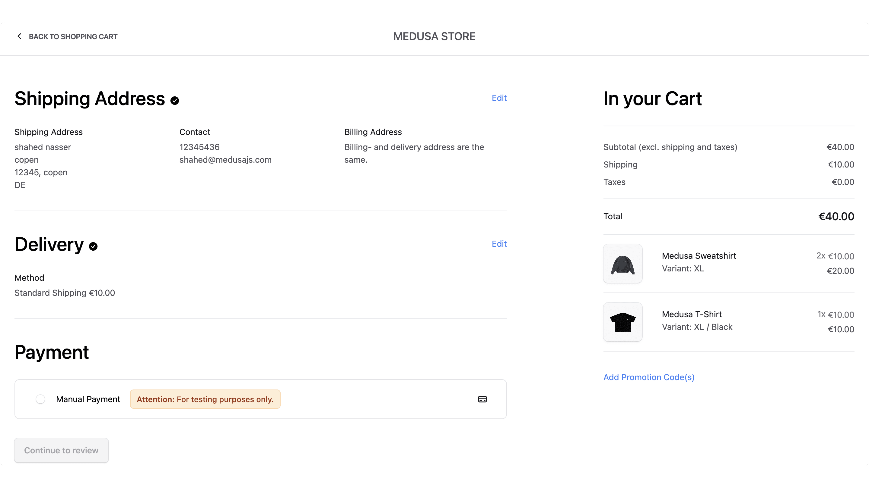 Checkout page showing the payment step