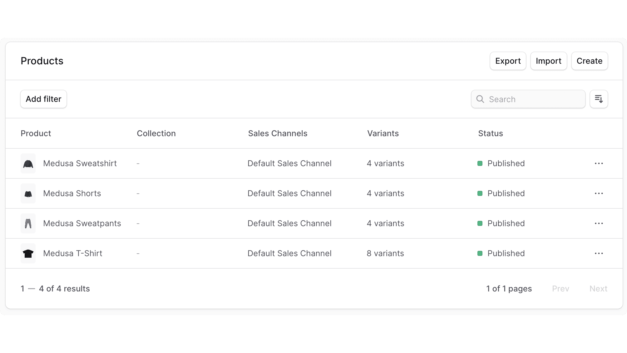 Example of a table in the product listing page