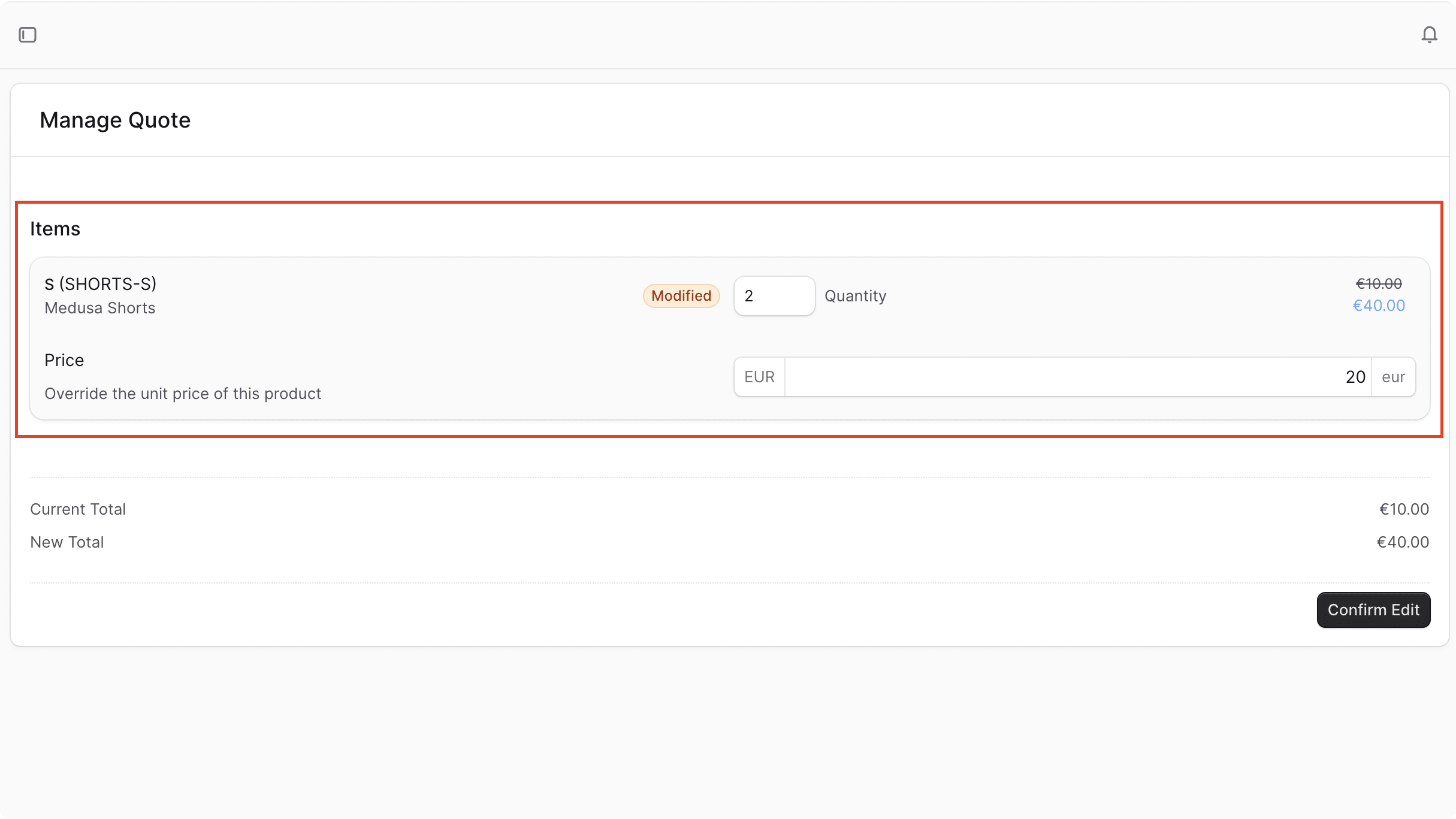 Screenshot of the manage item component in Medusa Admin