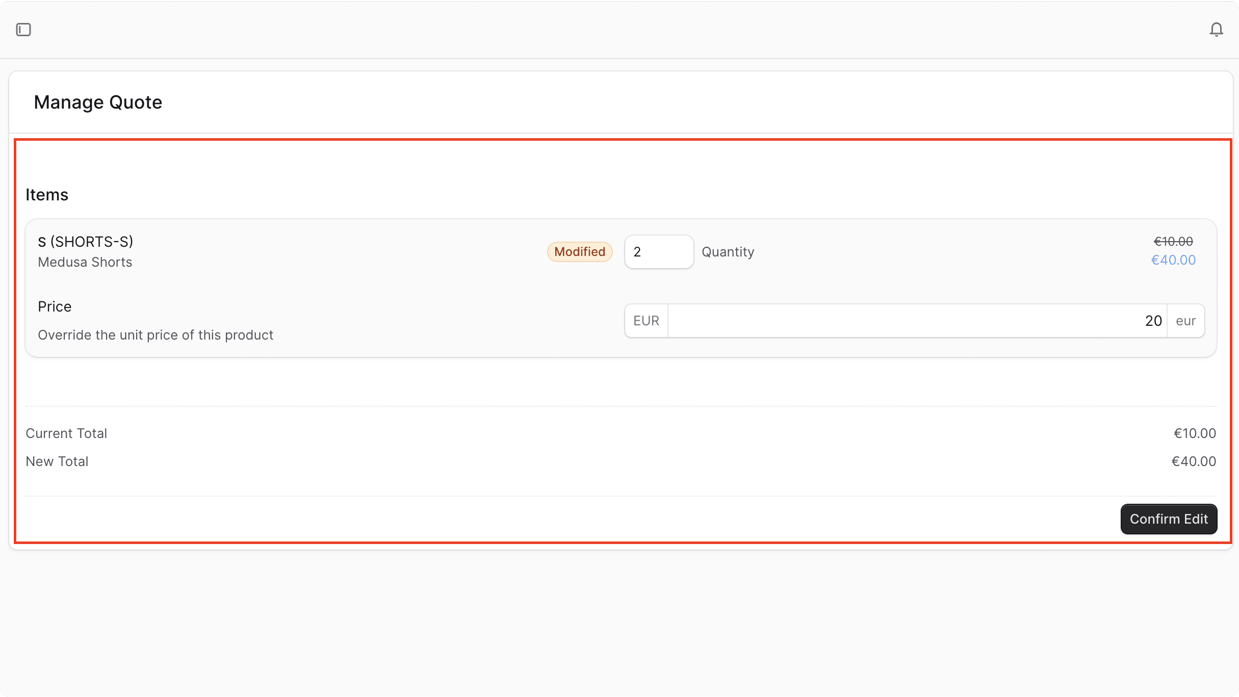 Screenshot of the manage quote form in the Medusa Admin