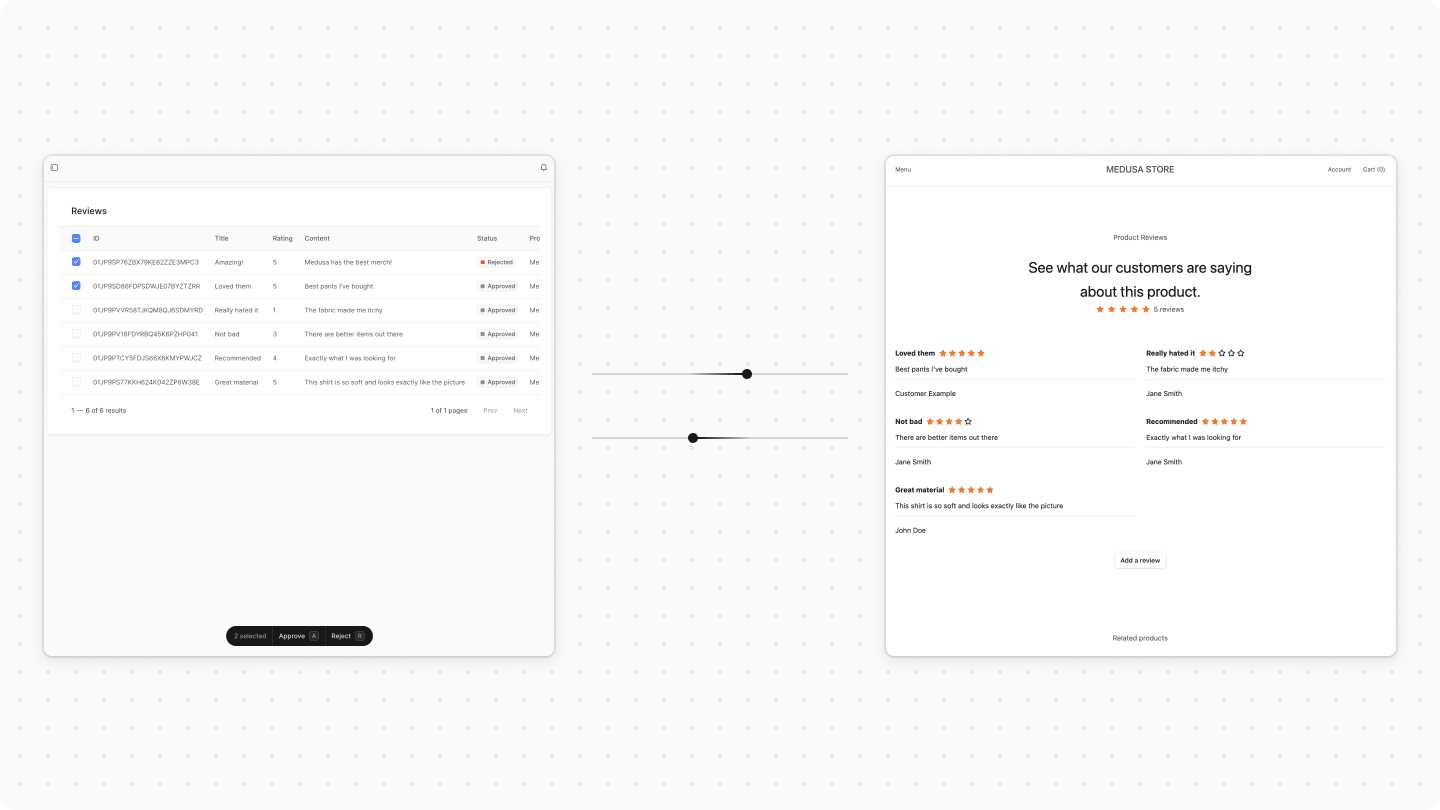 Diagram showcasing the product review features in the storefront and admin