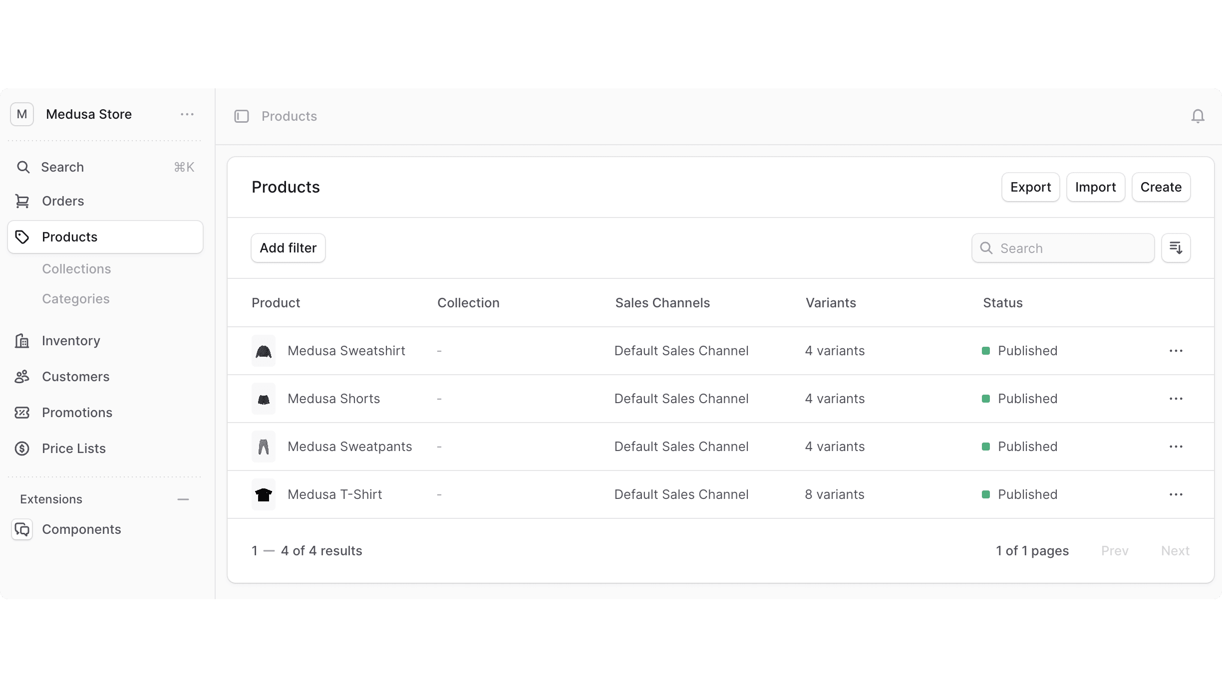 An example of an admin page with a single column