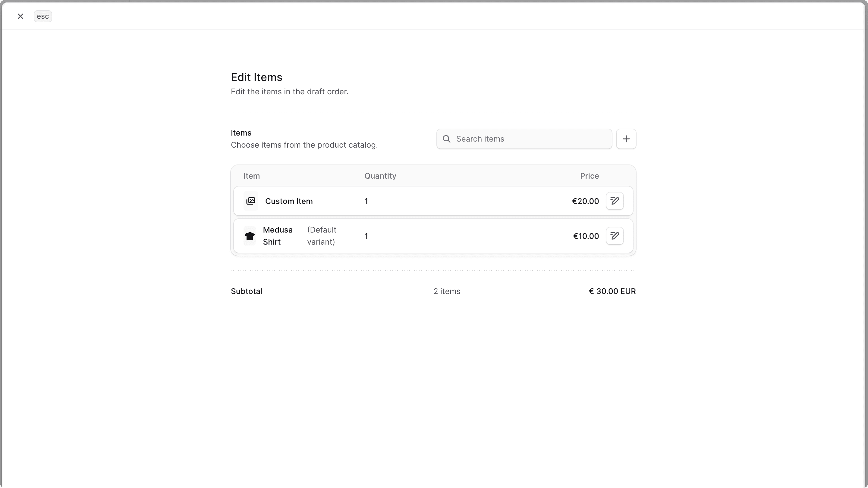 Draft Order Items Form