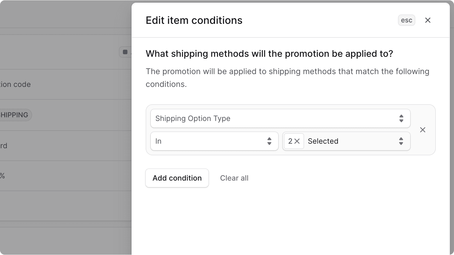 Edit shipping methods condition form