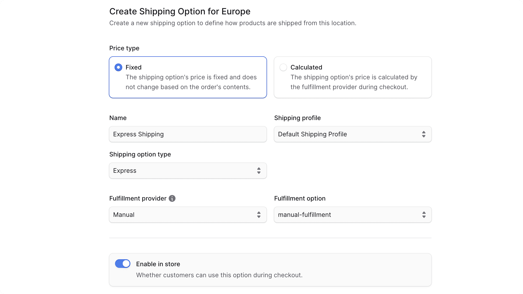 Create shipping option form step 1