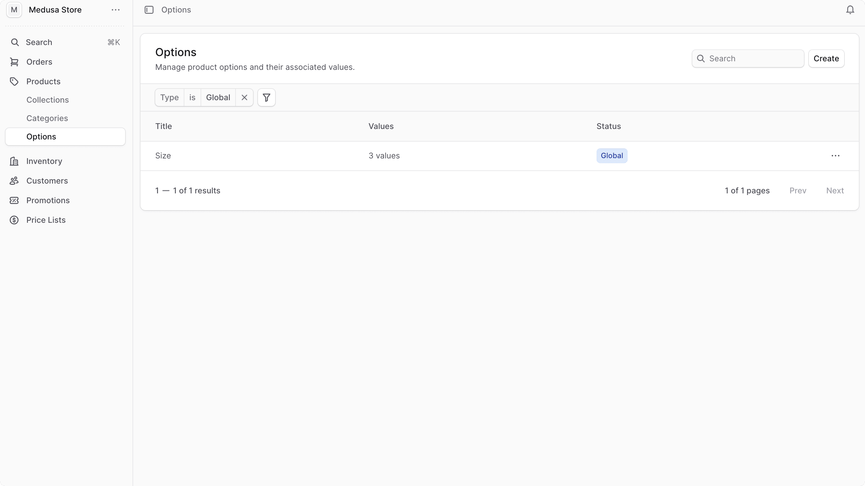 Product Options List in the Medusa Admin dashboard