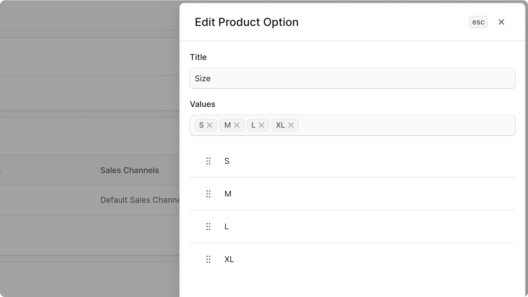 Edit Product Option form in the ECM dashboard