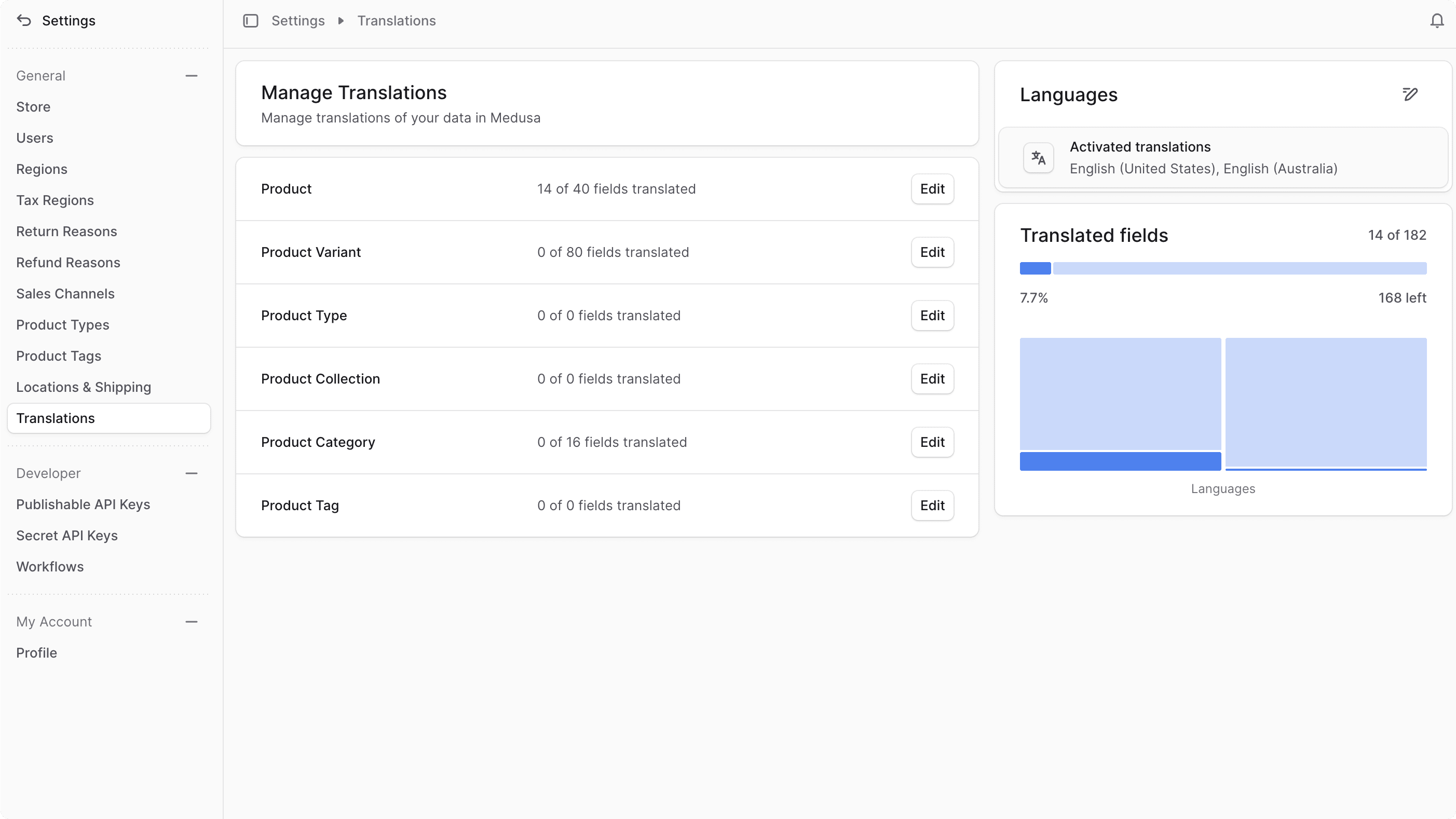 Translations settings page
