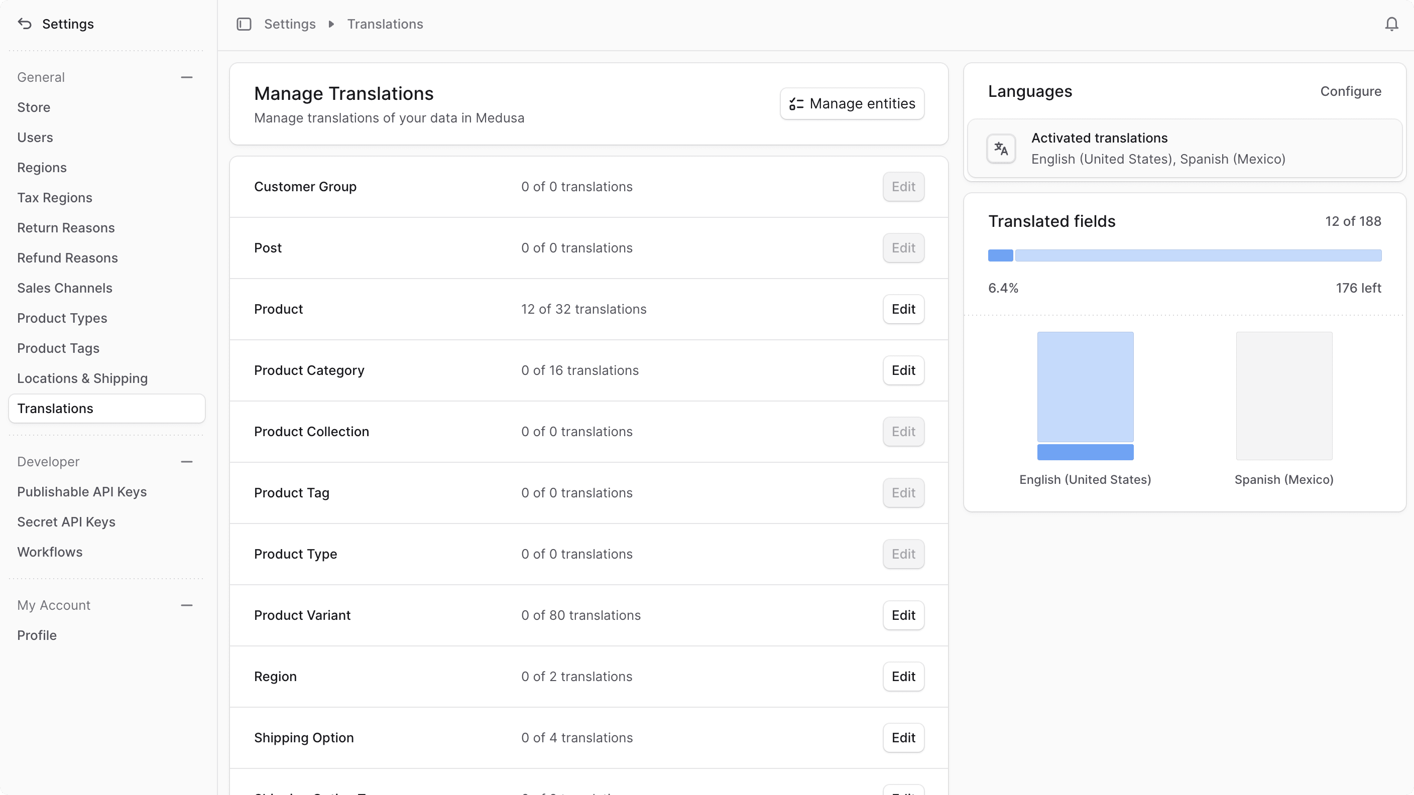 Translations settings page