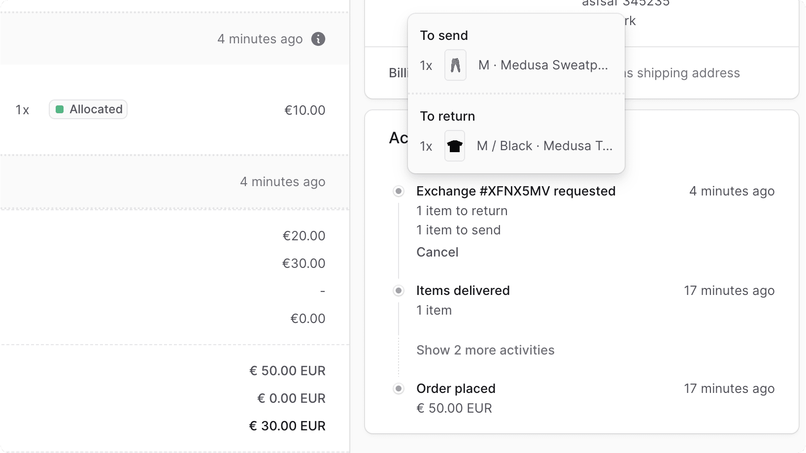 Exchange requested in Activity section