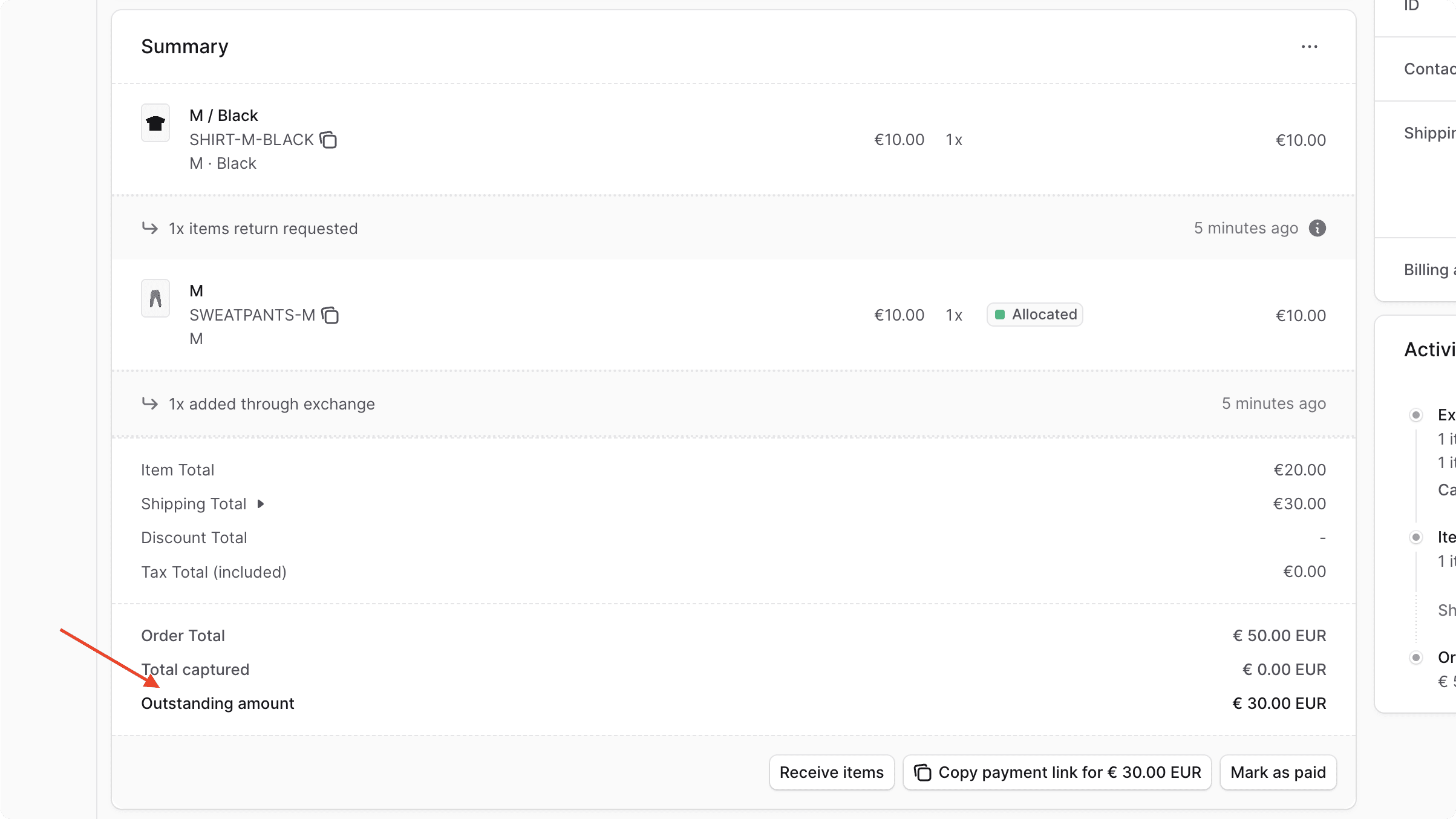 Outstanding amount in Summary