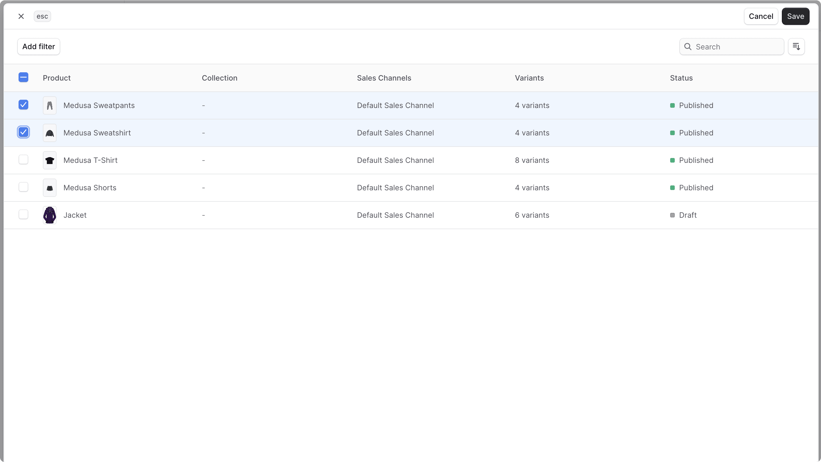 Add products to collection form