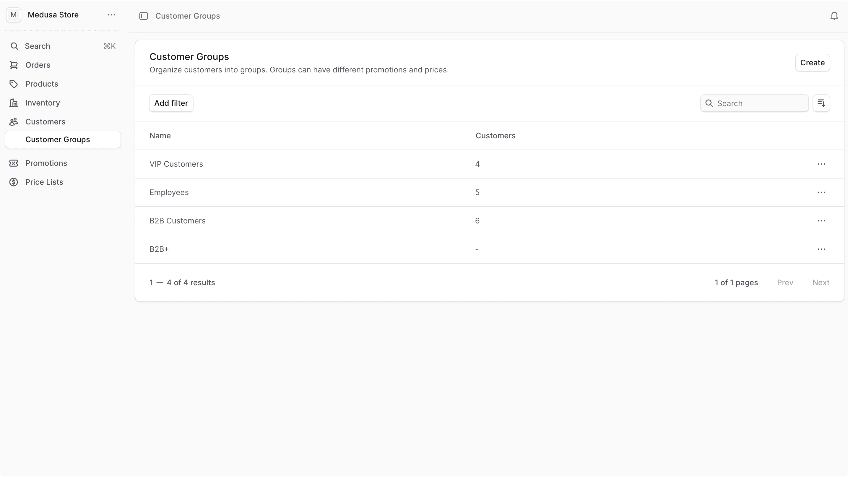 Customer Groups List