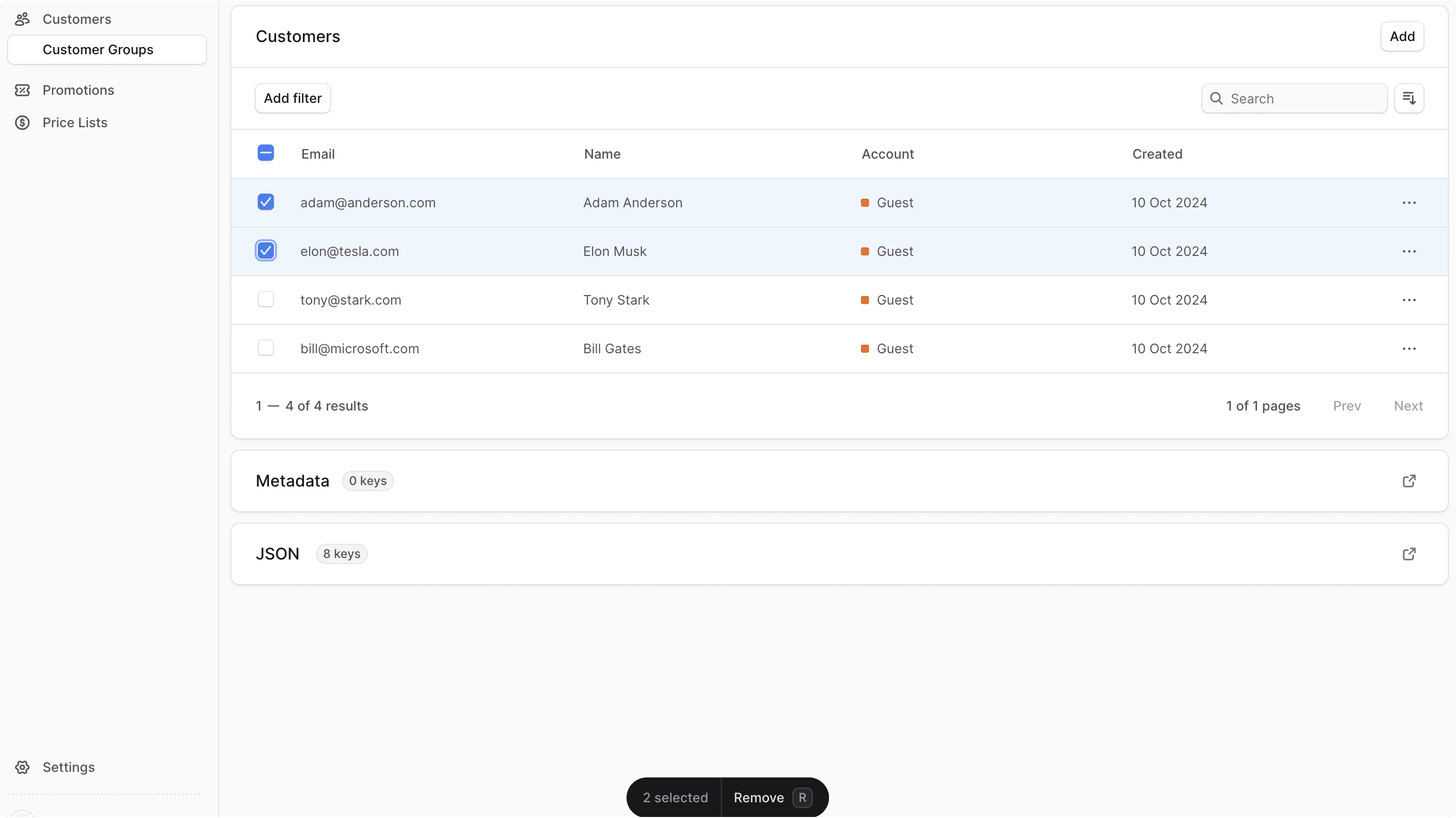 Remove customers from group