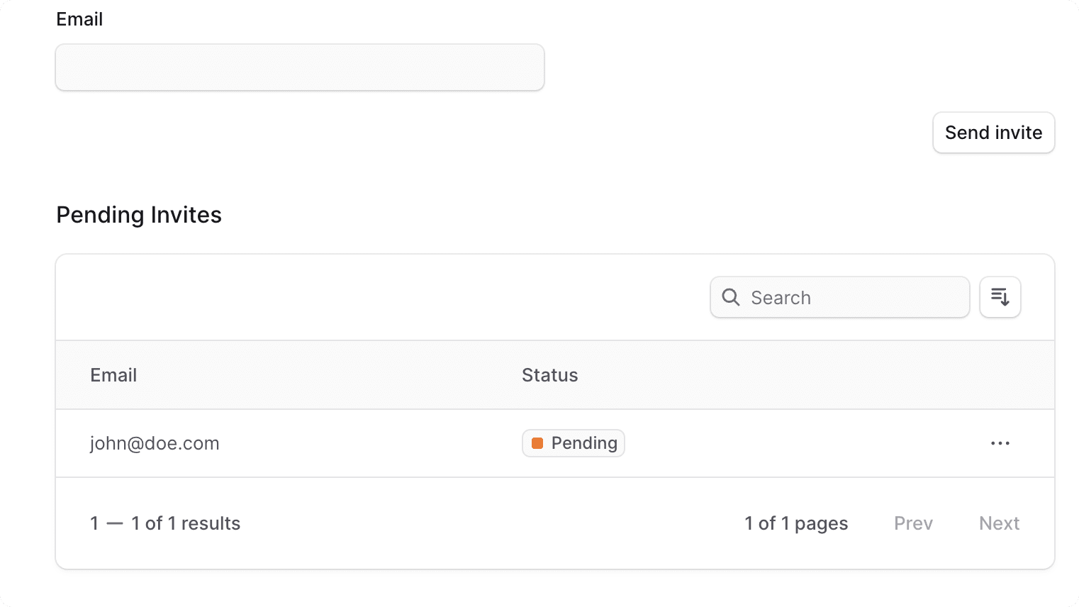 Pending invites table