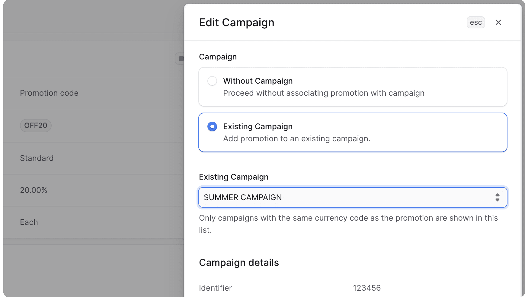 Add Promotion to Campaign form