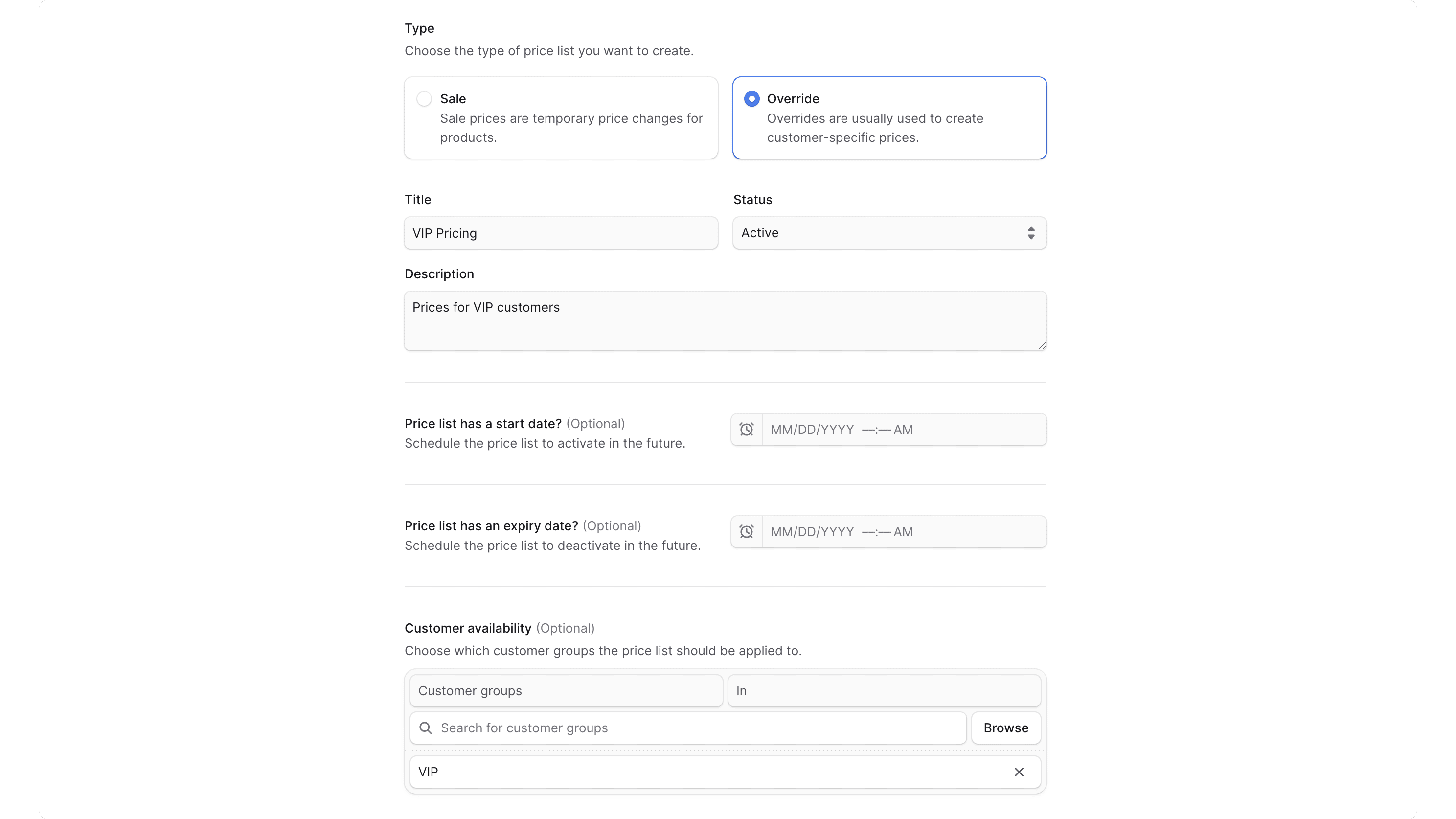 Create Price List Details Form