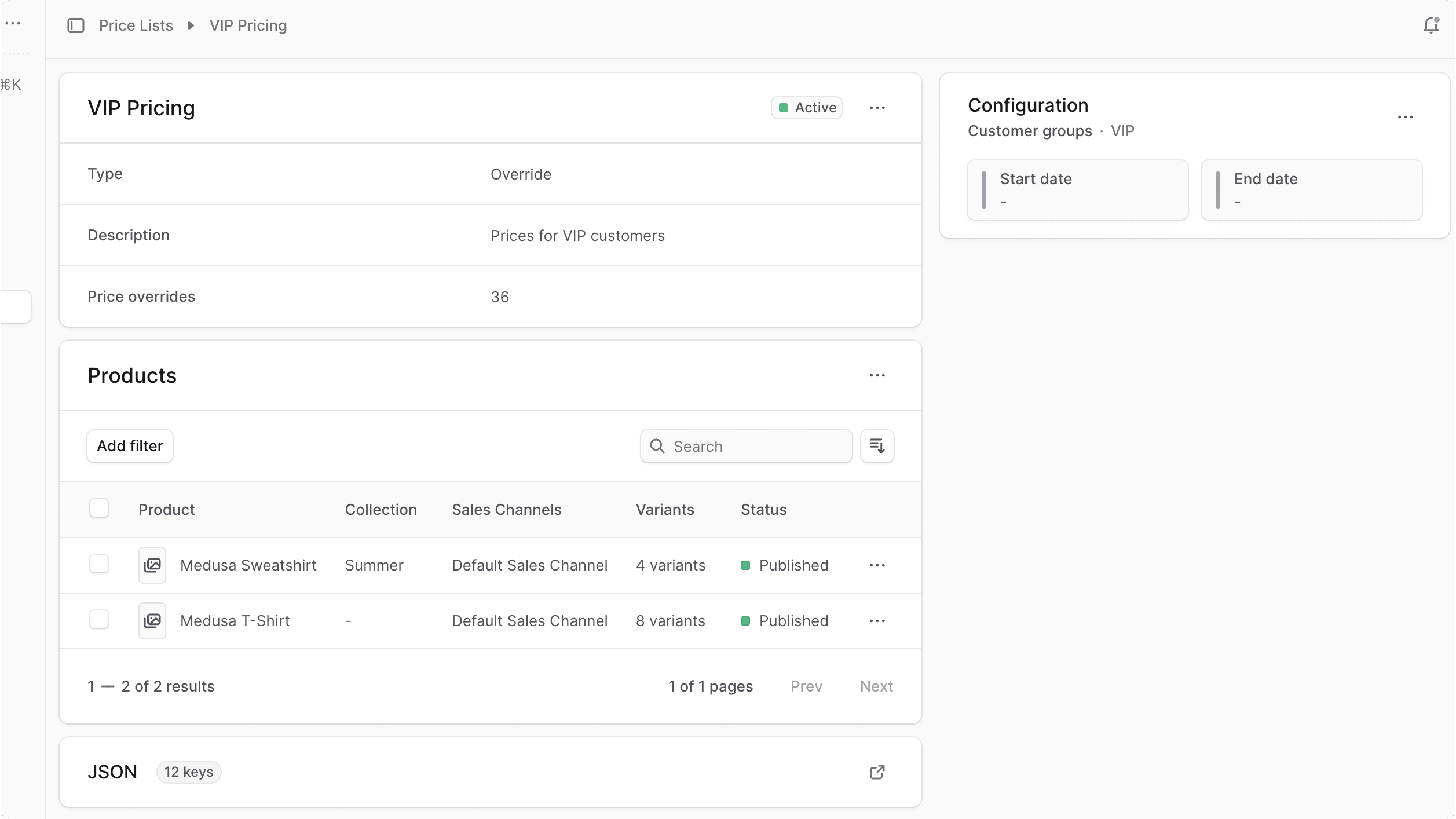Price List details page