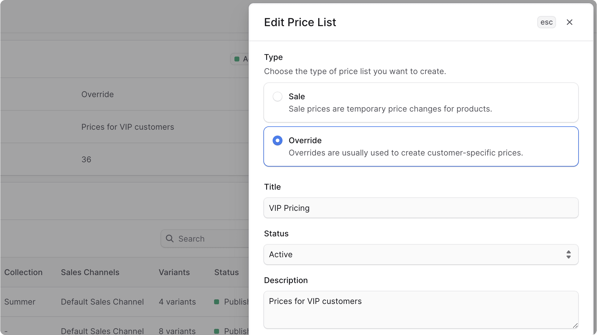 Edit price list form