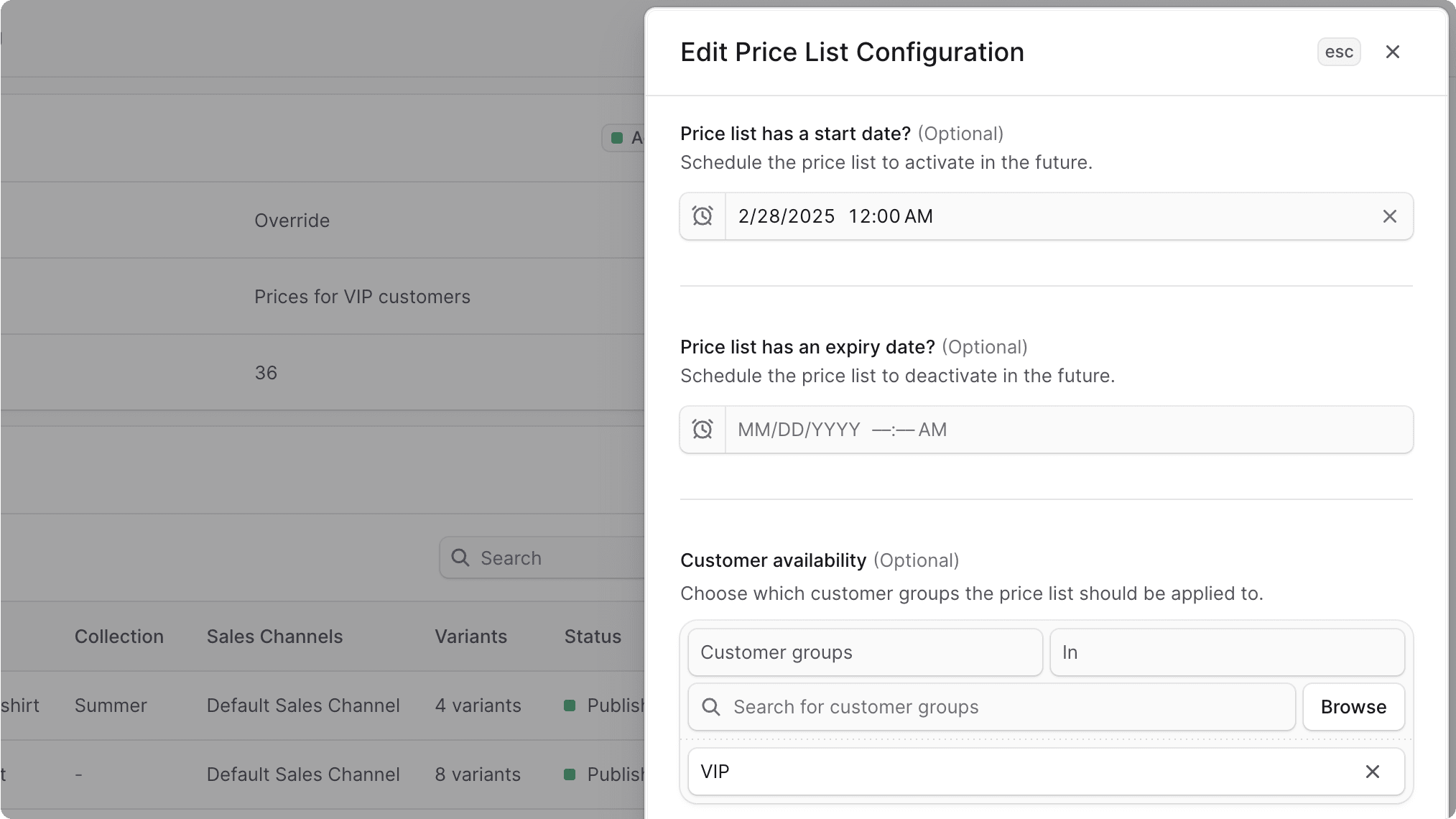 Edit price list configurations form