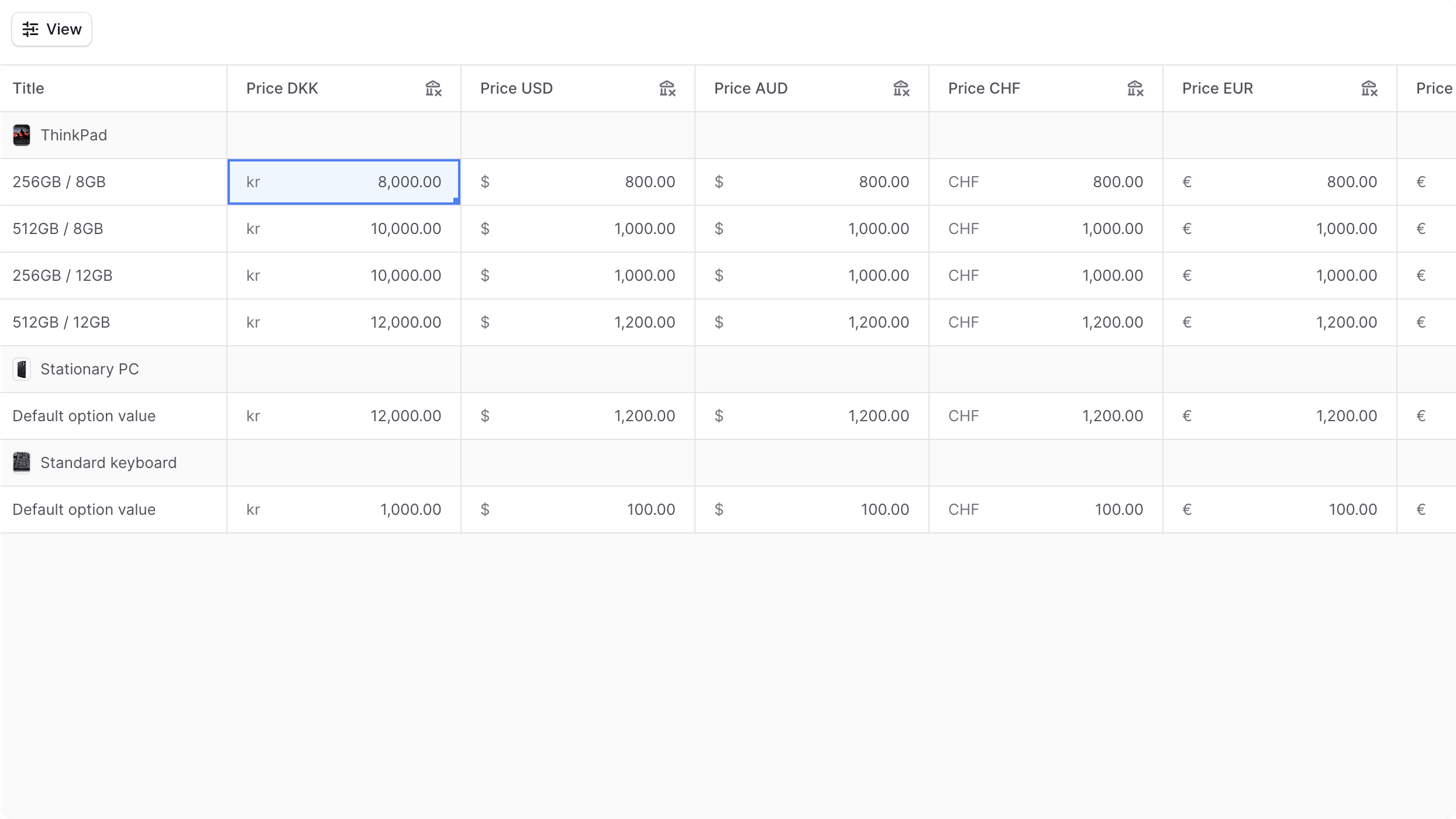 Edit prices in price list