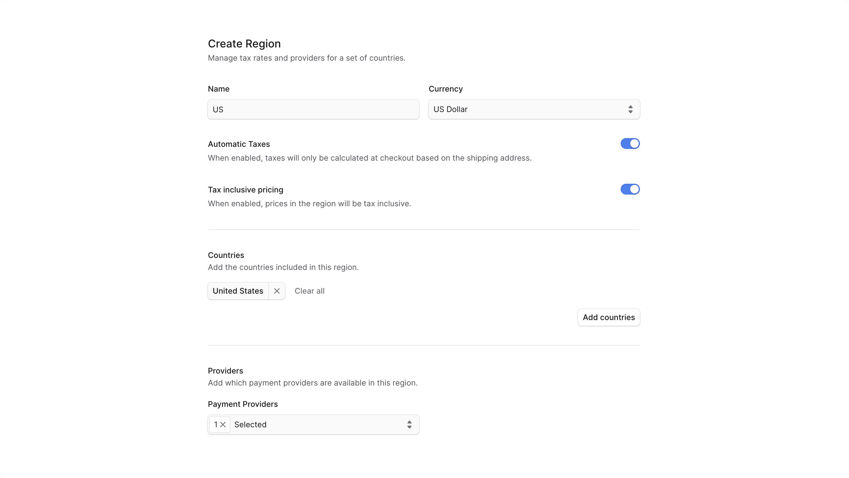 Create region form