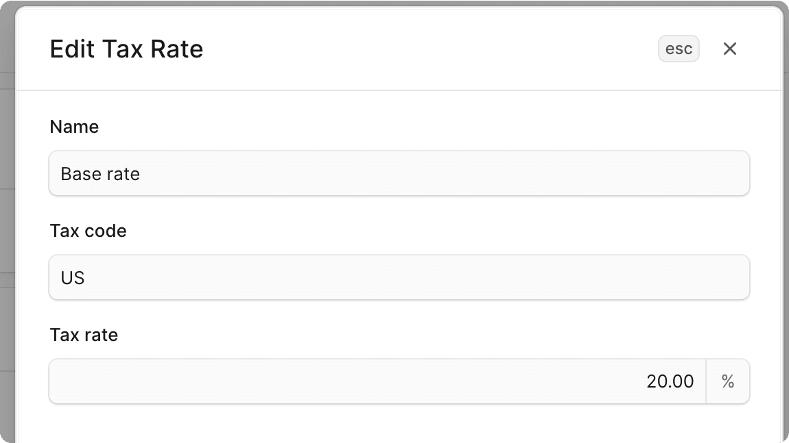 Edit default tax rate form
