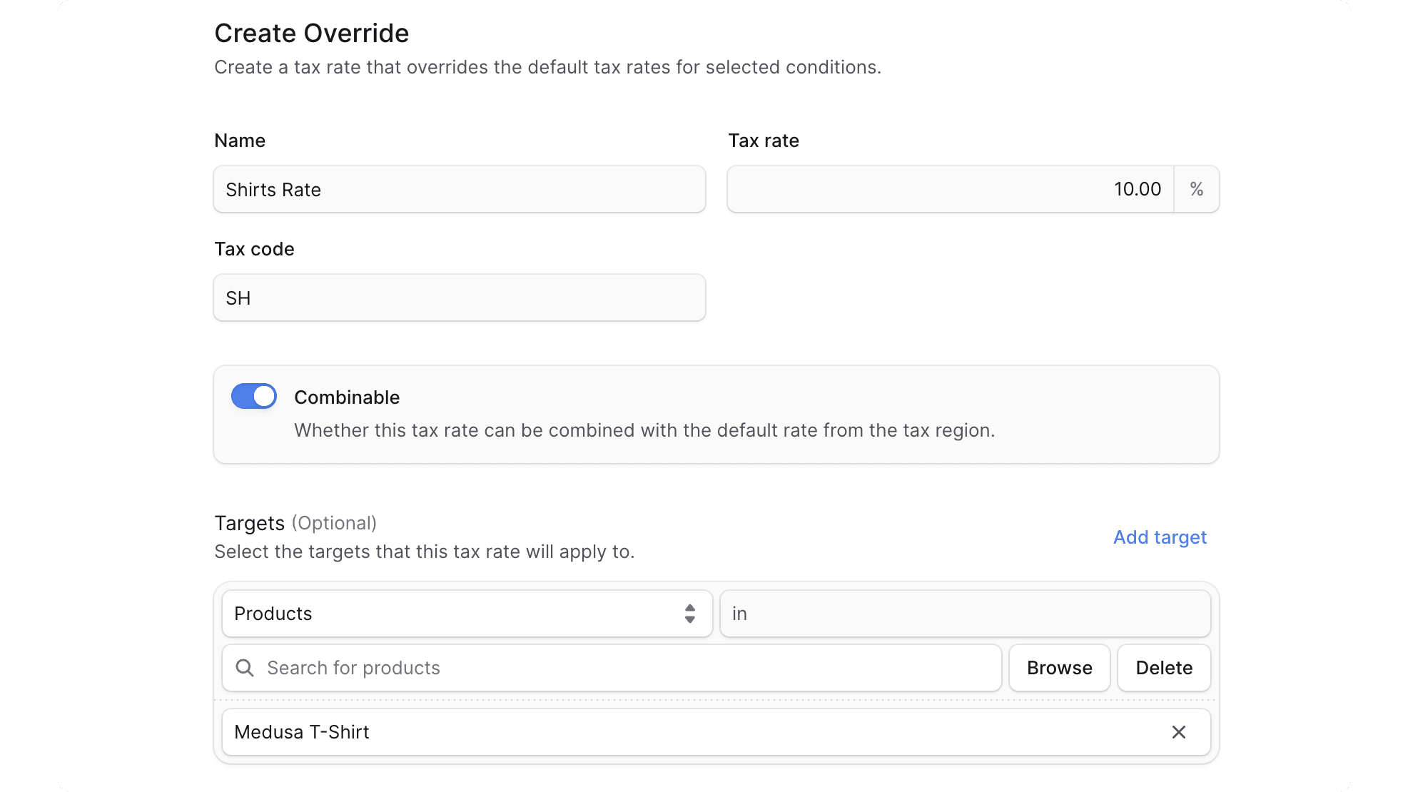Create tax rate override form