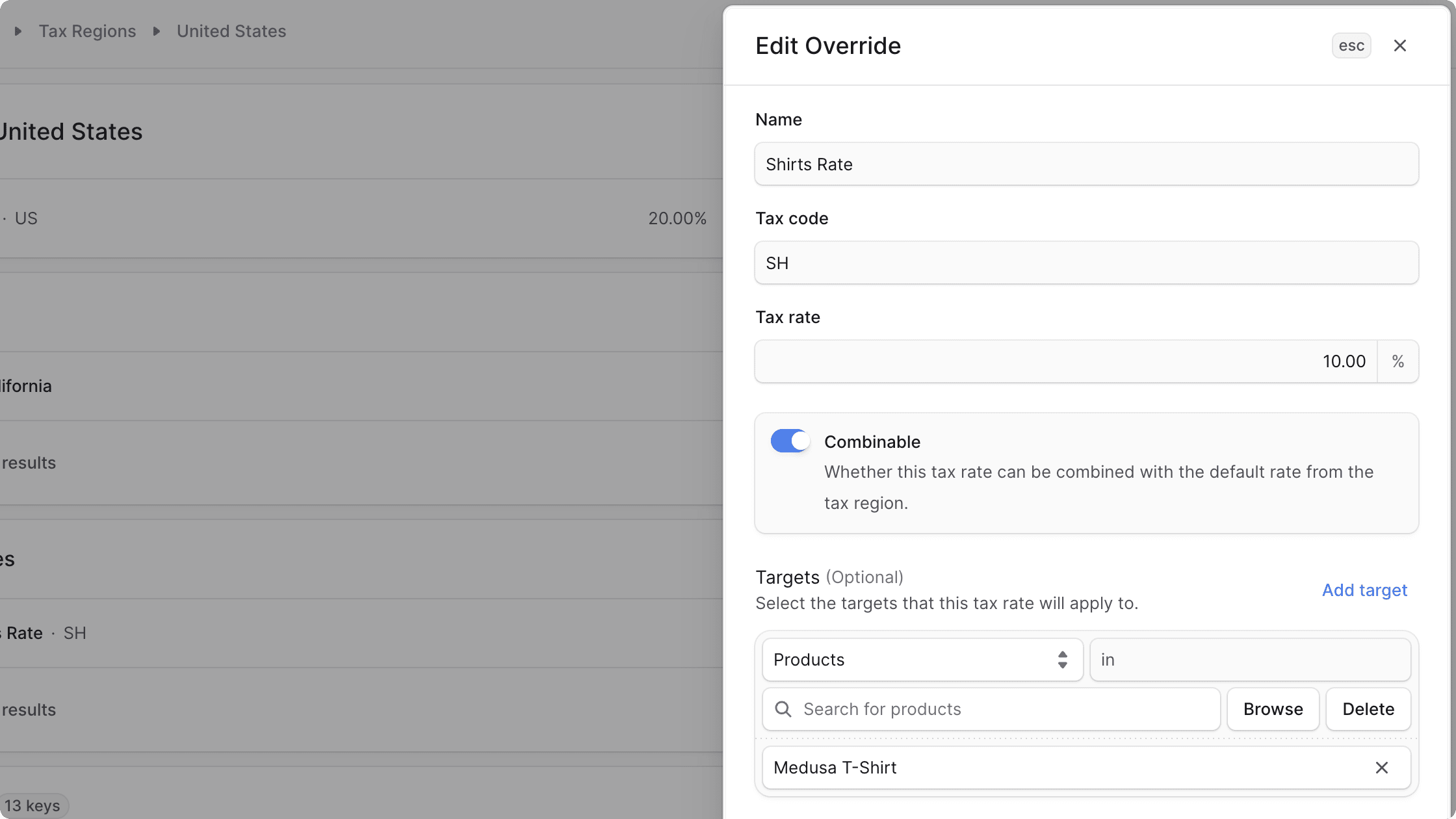Edit tax rate override form