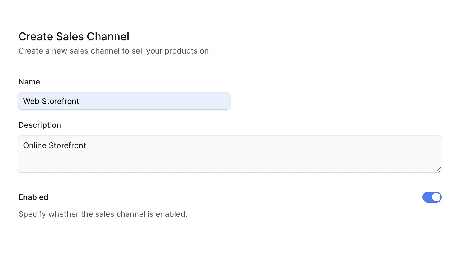 Create sales channel form