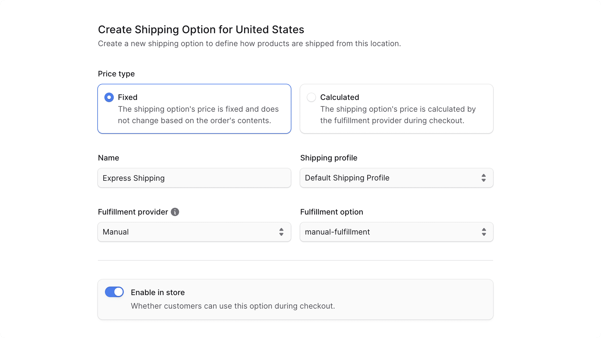 Create shipping option form step 1