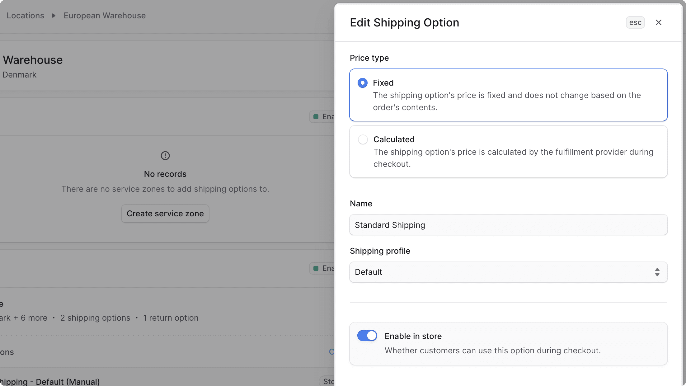 Edit shipping option details form