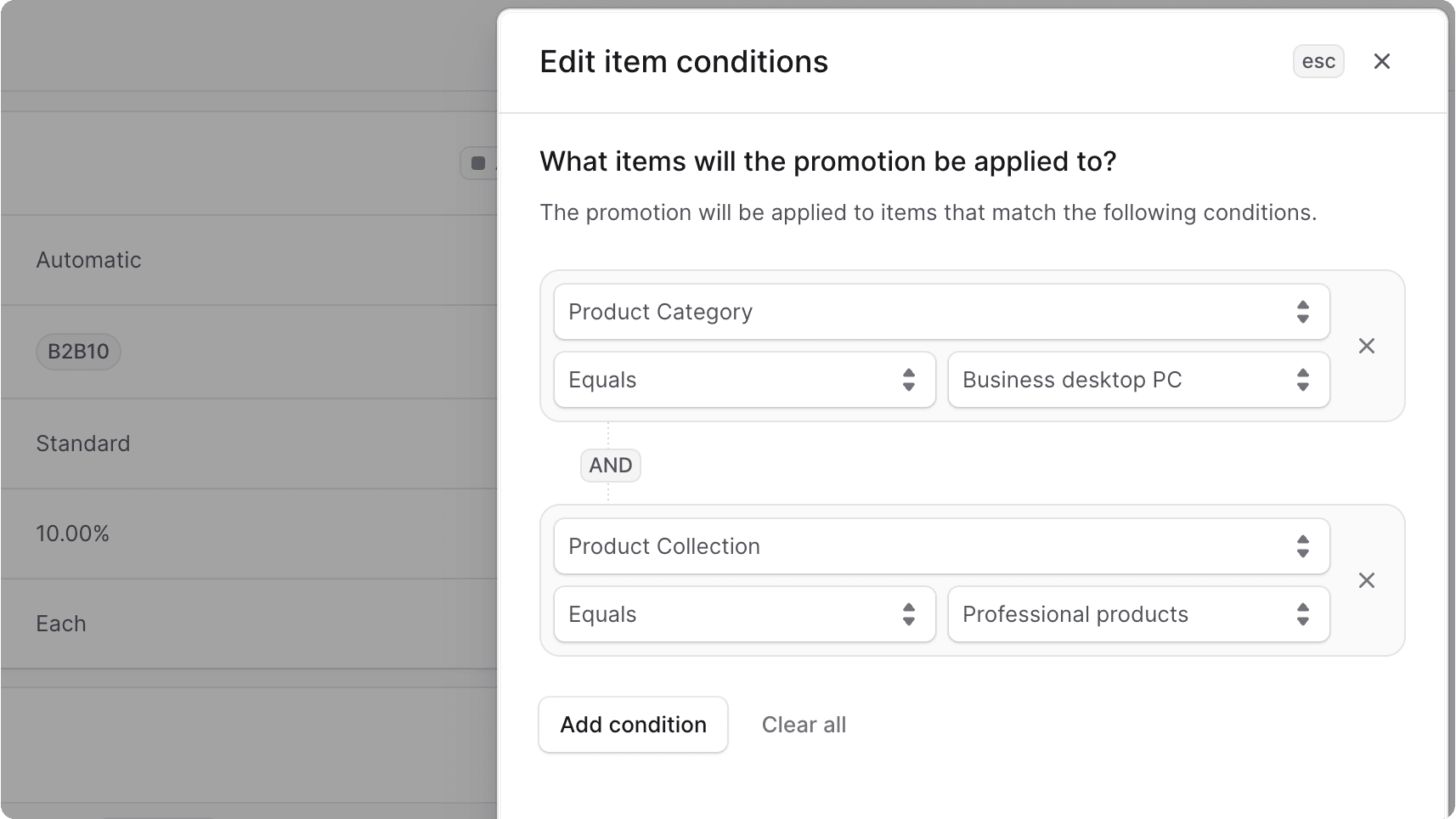 Edit the items the promotion applies to form
