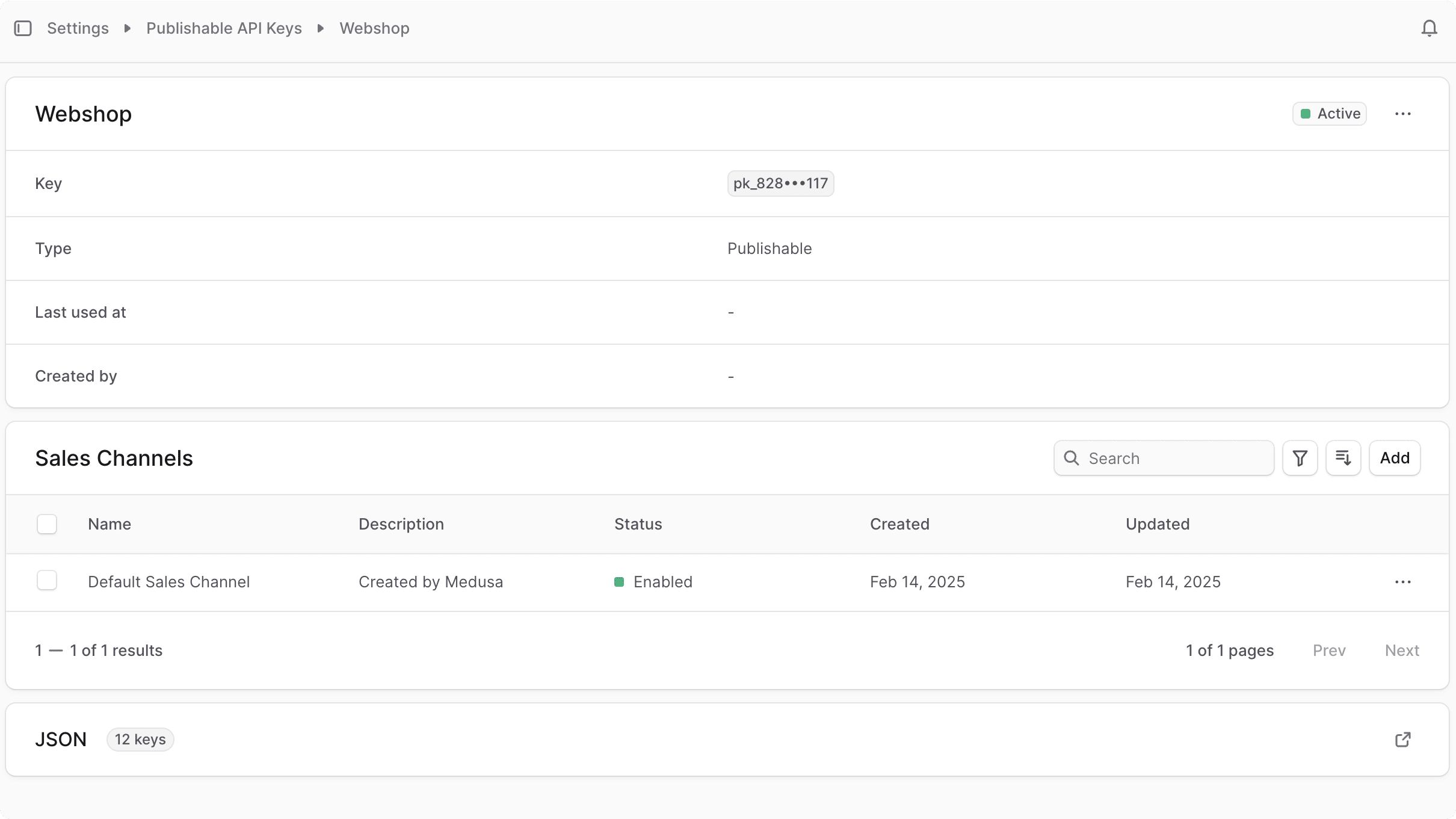 Publishable API key details page