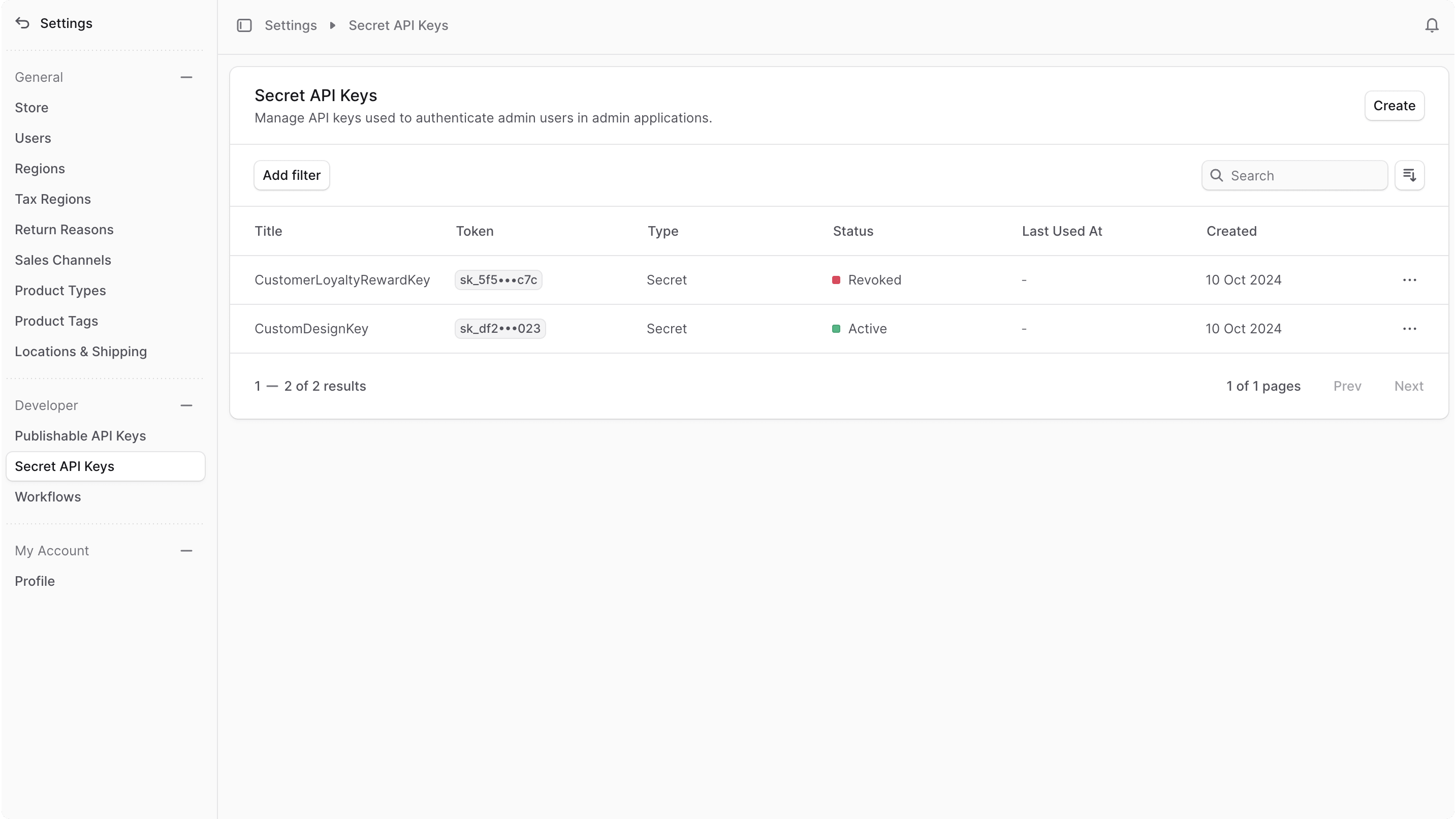 Secret API keys list
