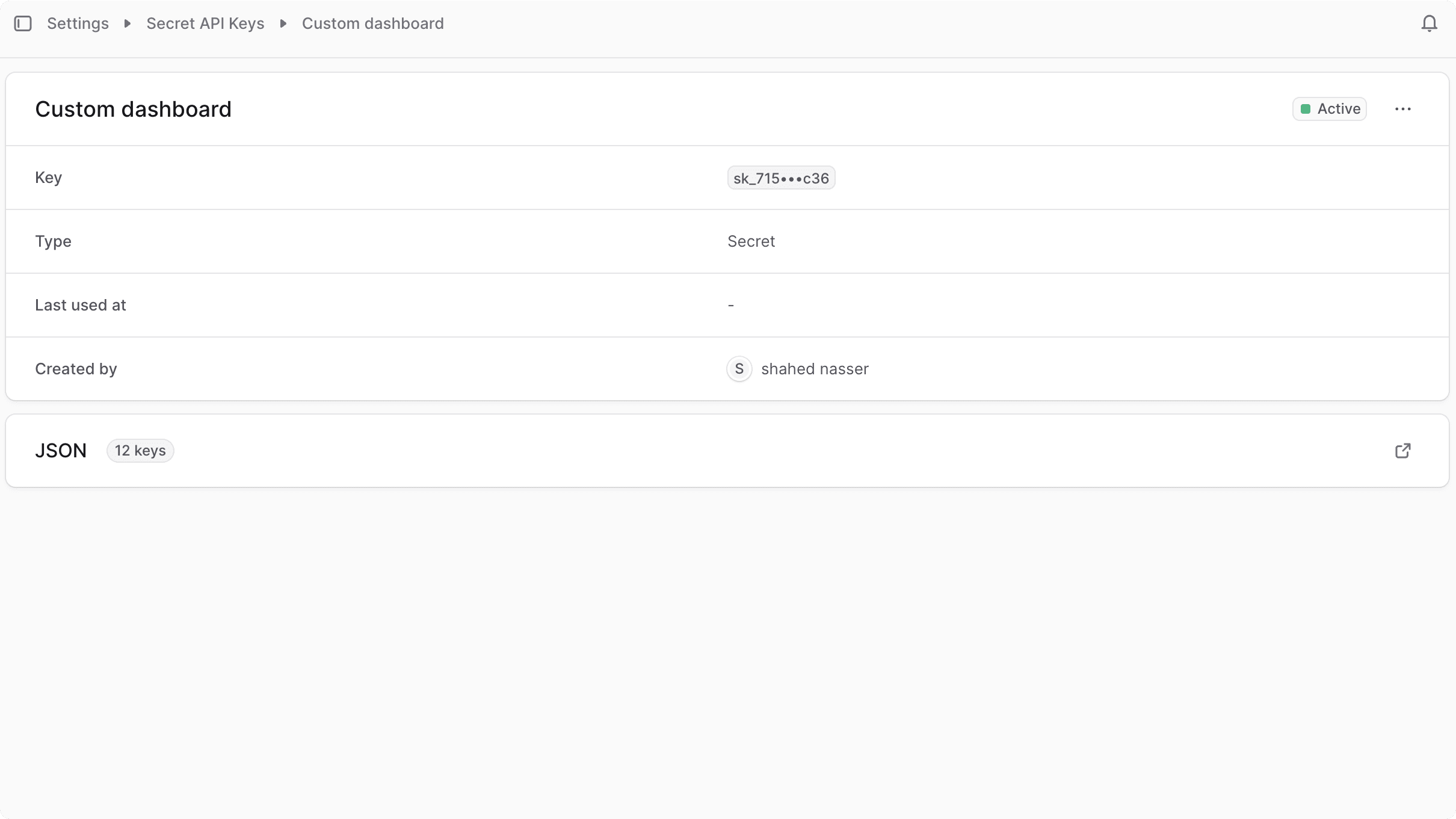 Secret API key details page