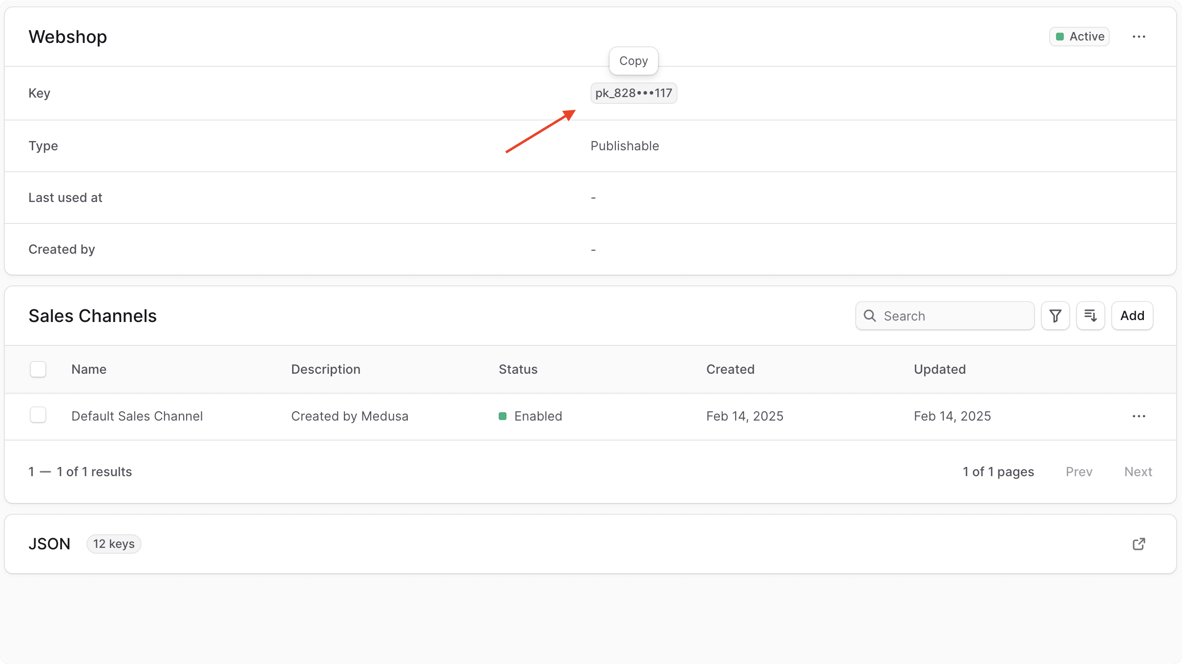 Publishable API Key page with the API key clicked