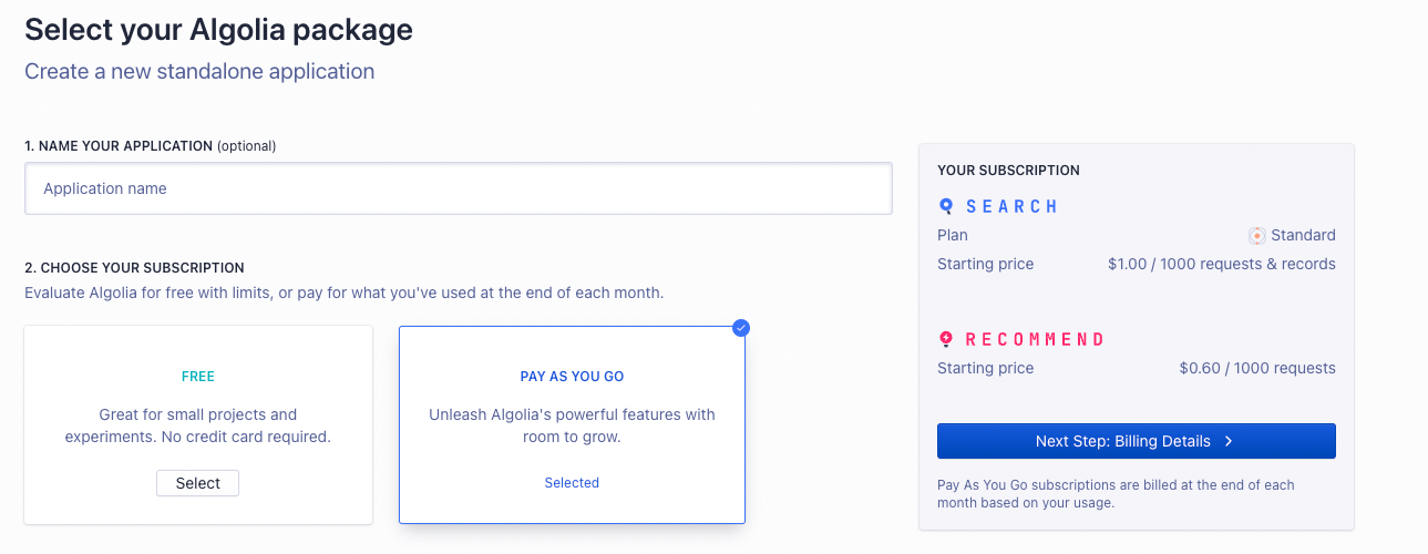 Optionally enter a name for the application and choose a subscription plan