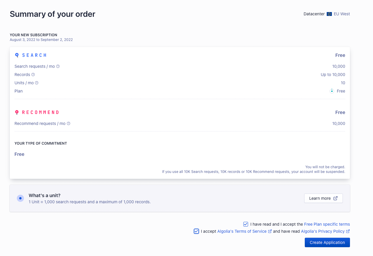 Summary of your application's order with the terms and agreement checkboxes checked