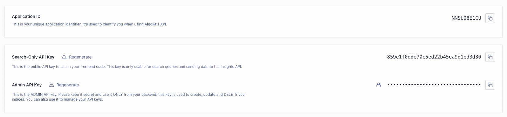 Application ID, Search-Only API Key, and Admin API Key can be found in the API Keys page