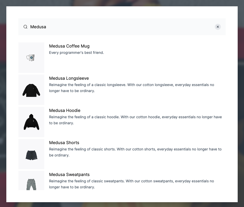 Search pop up in the Next.js storefront