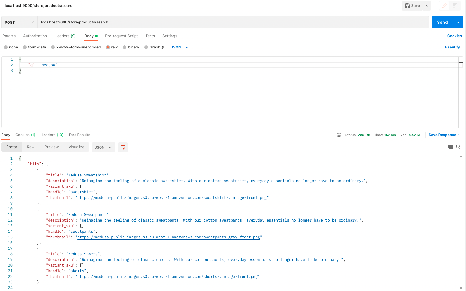 Postman request to search endpoint that shows results returned from the search engine