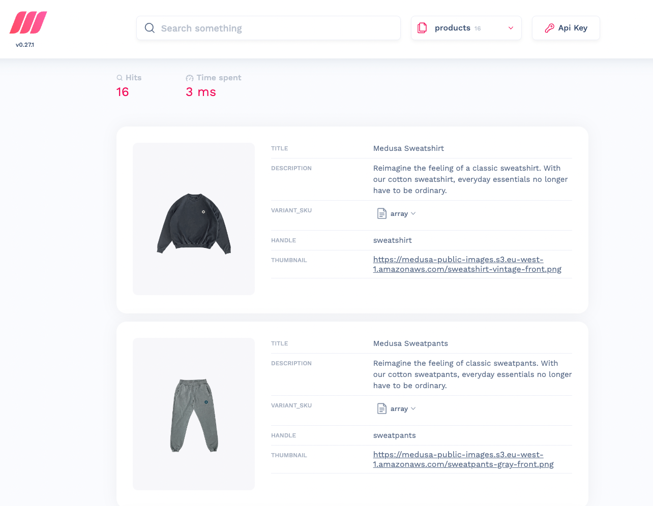 MeiliSearch dashboard showing products from the Medusa server indexed