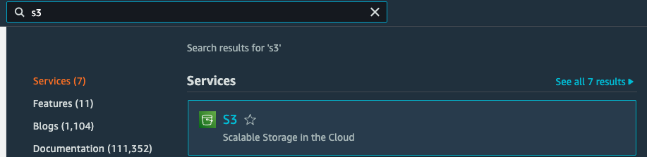 Enter S3 in the search box and choose S3 from the result in the Services category